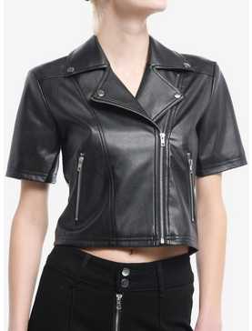 Black Faux Leather Girls Short-Sleeve Moto Top, , hi-res