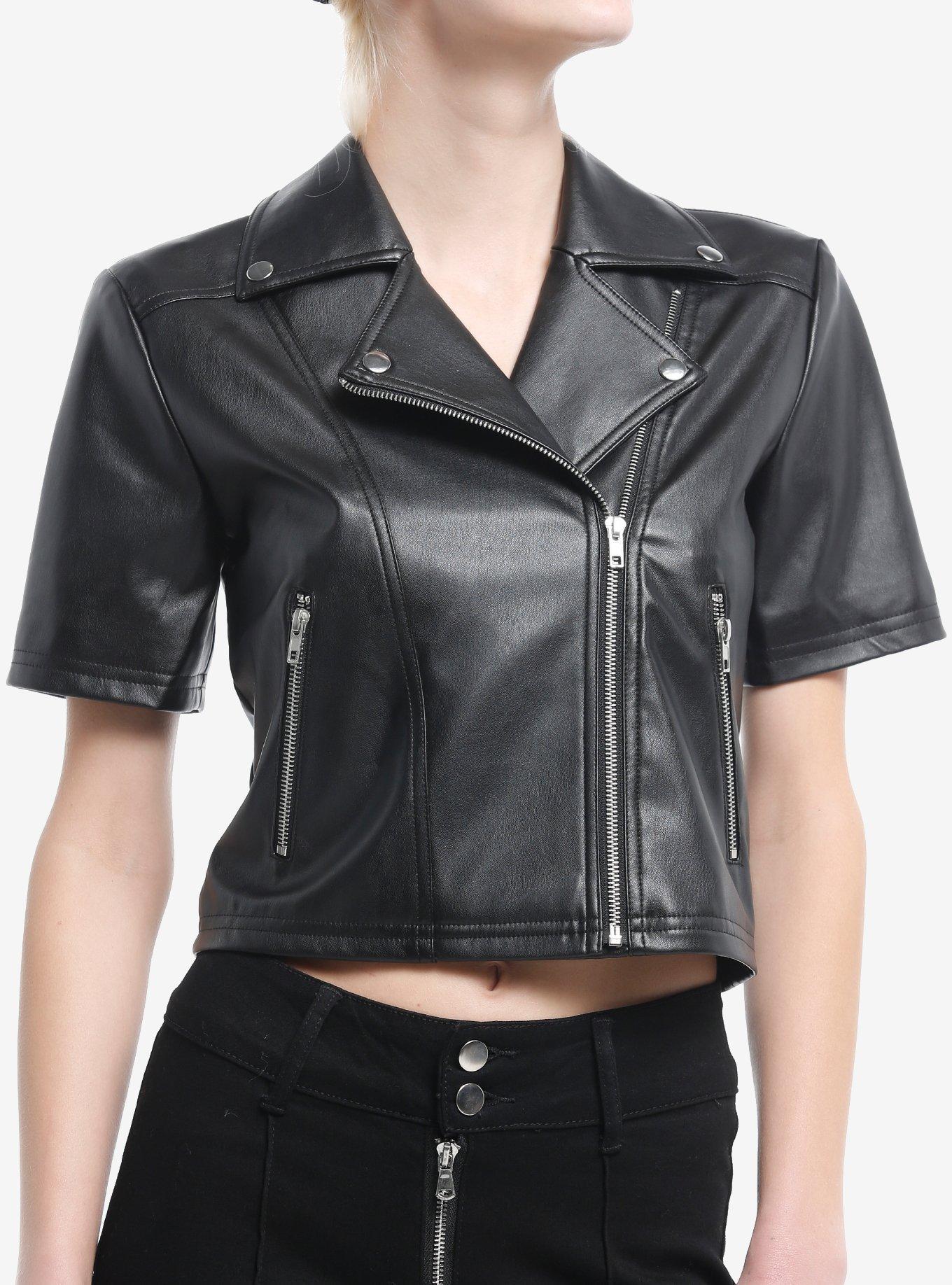 Black Faux Leather Girls Short-Sleeve Moto Top, BLACK, hi-res