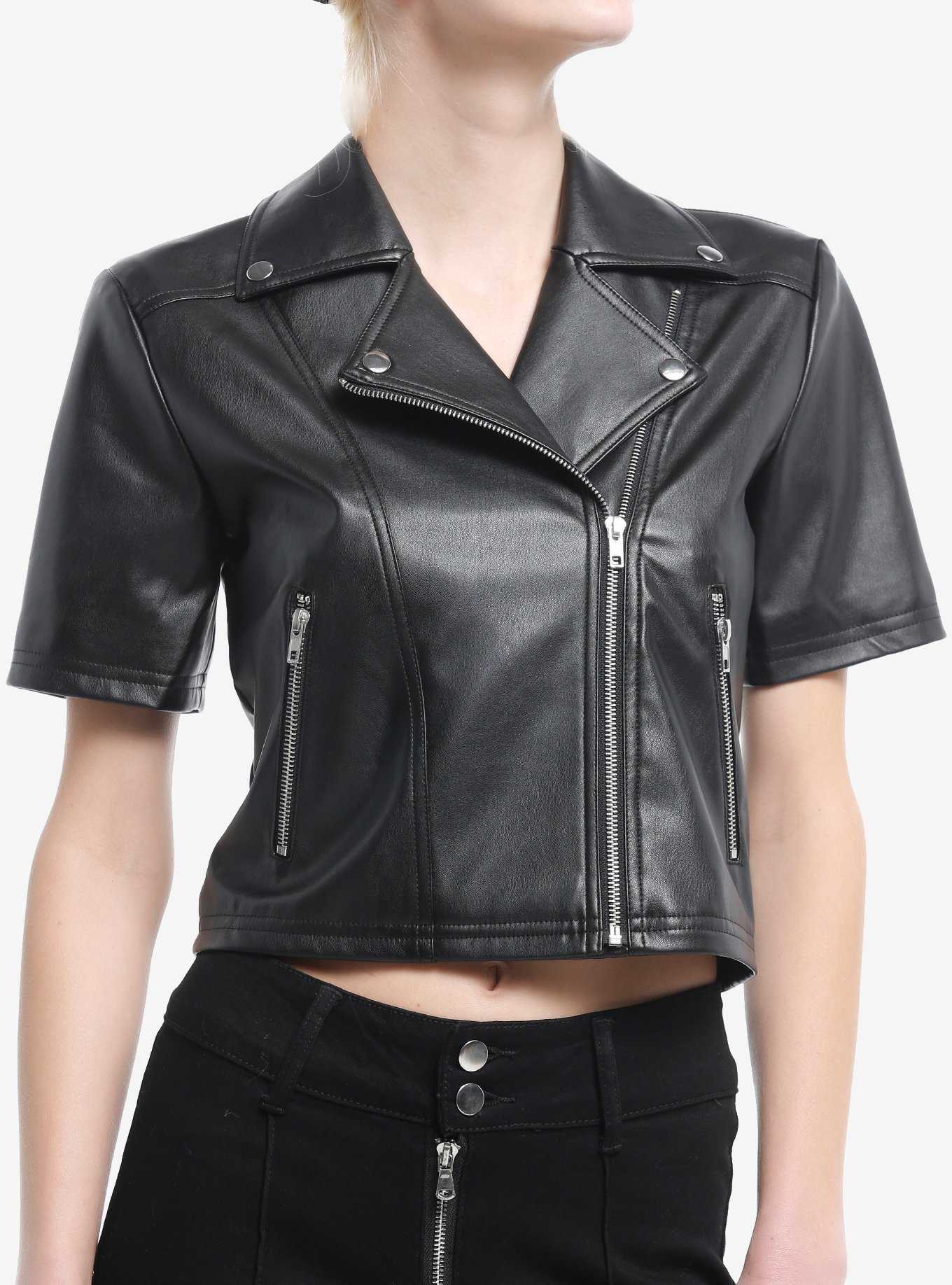Black Faux Leather Girls Short-Sleeve Moto Top, , hi-res