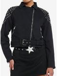 Black Denim Embellished Girls Moto Jacket, BLACK, hi-res