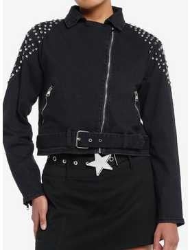 Black Denim Embellished Girls Moto Jacket, , hi-res