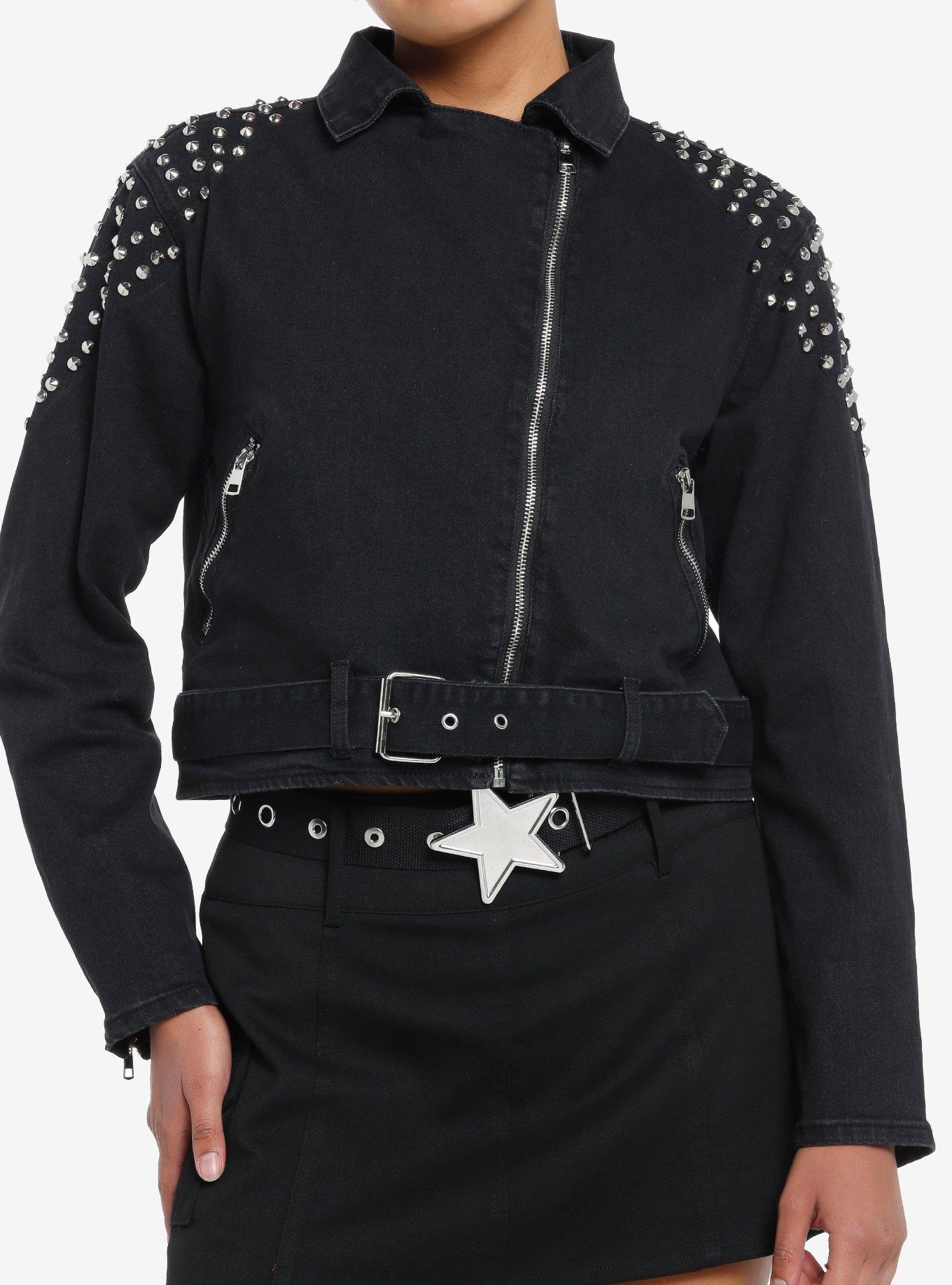 Black Denim Embellished Girls Moto Jacket, , hi-res