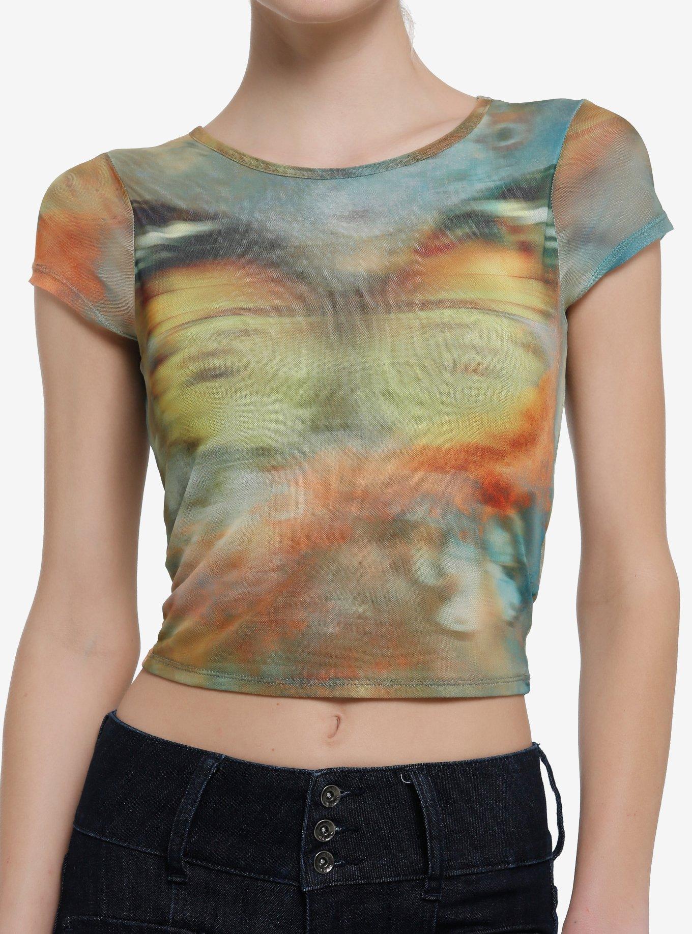 Blurry Butterfly Mesh Girls Crop Top, ORANGE, hi-res