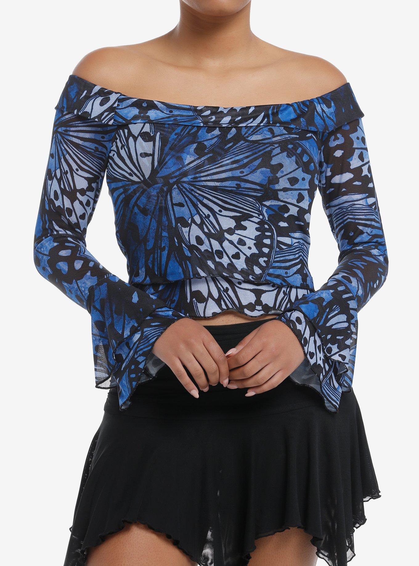 Thorn & Fable Black & Blue Butterfly Ruffle Girls Long-Sleeve Top, BLACK, hi-res