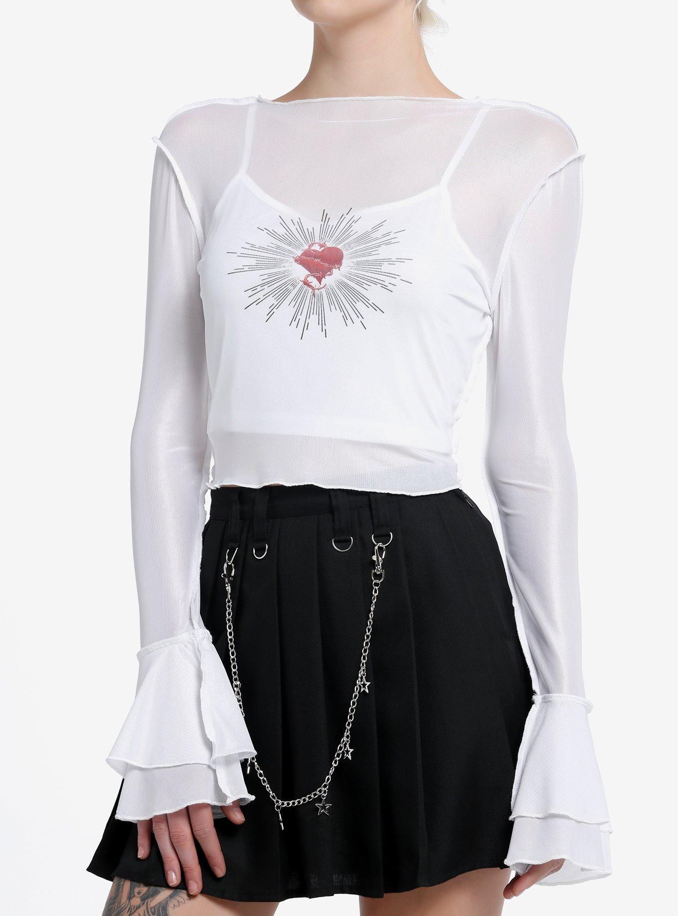 White Mesh Heart Girls Twofer Long-Sleeve Top, , hi-res