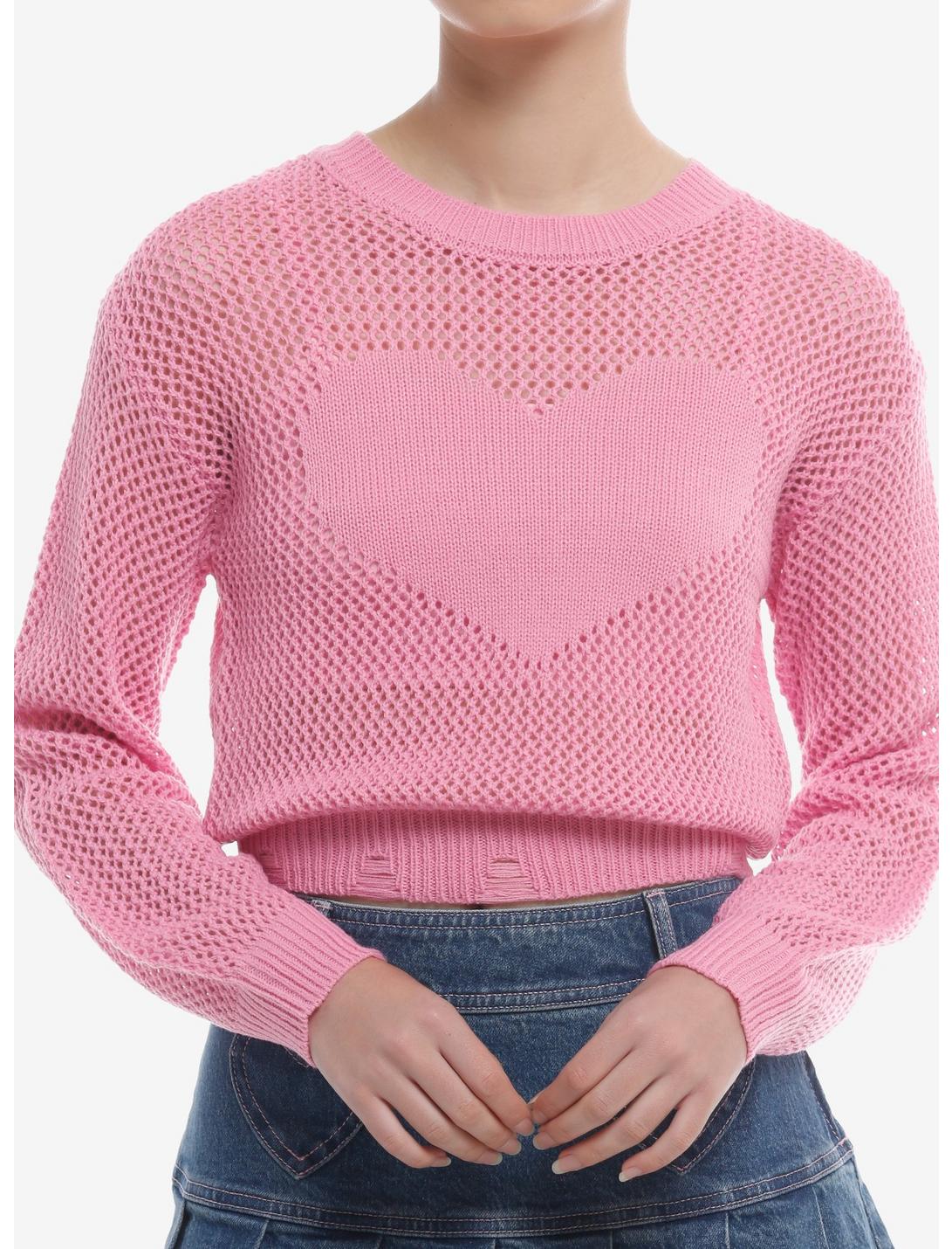 Pink Heart Open Knit Girls Sweater, PINK, hi-res