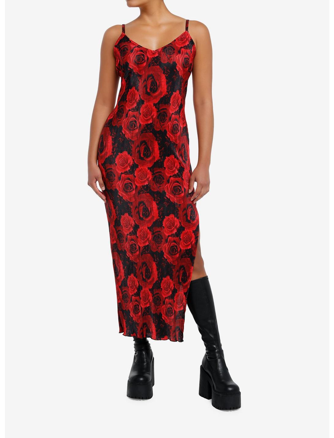 Red & Black Rose Ribbed Cami Maxi Dress, BLACK, hi-res