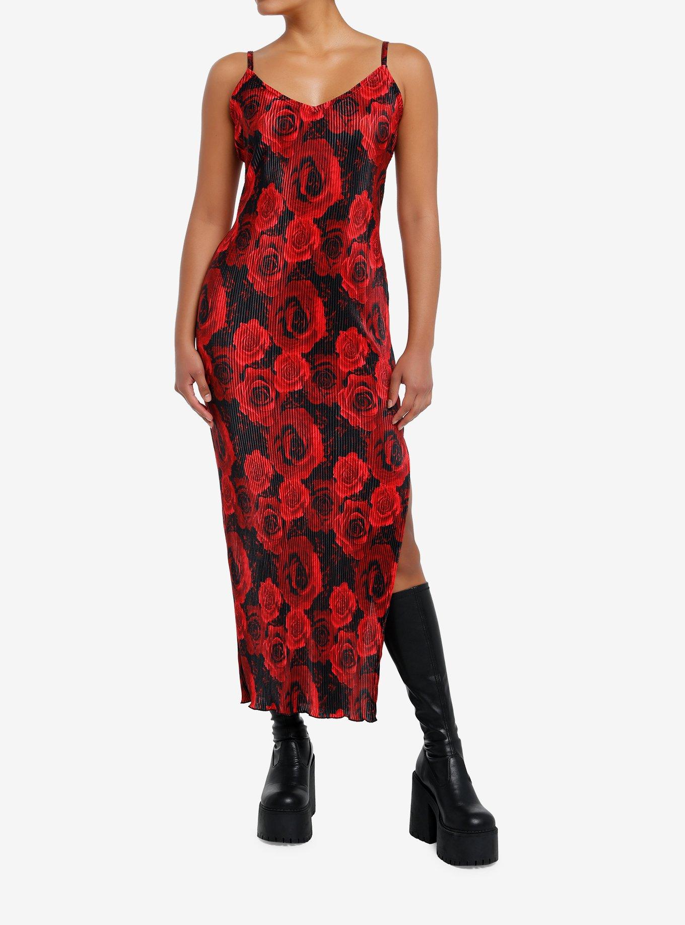 Red & Black Rose Ribbed Cami Maxi Dress, , hi-res