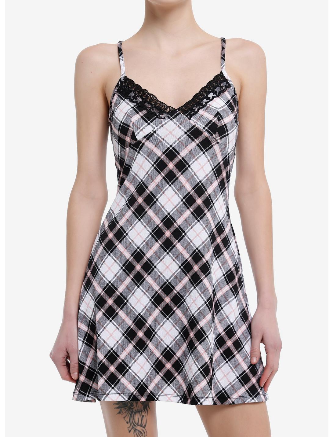 Black & Pink Plaid Lace Slip Dress, , hi-res