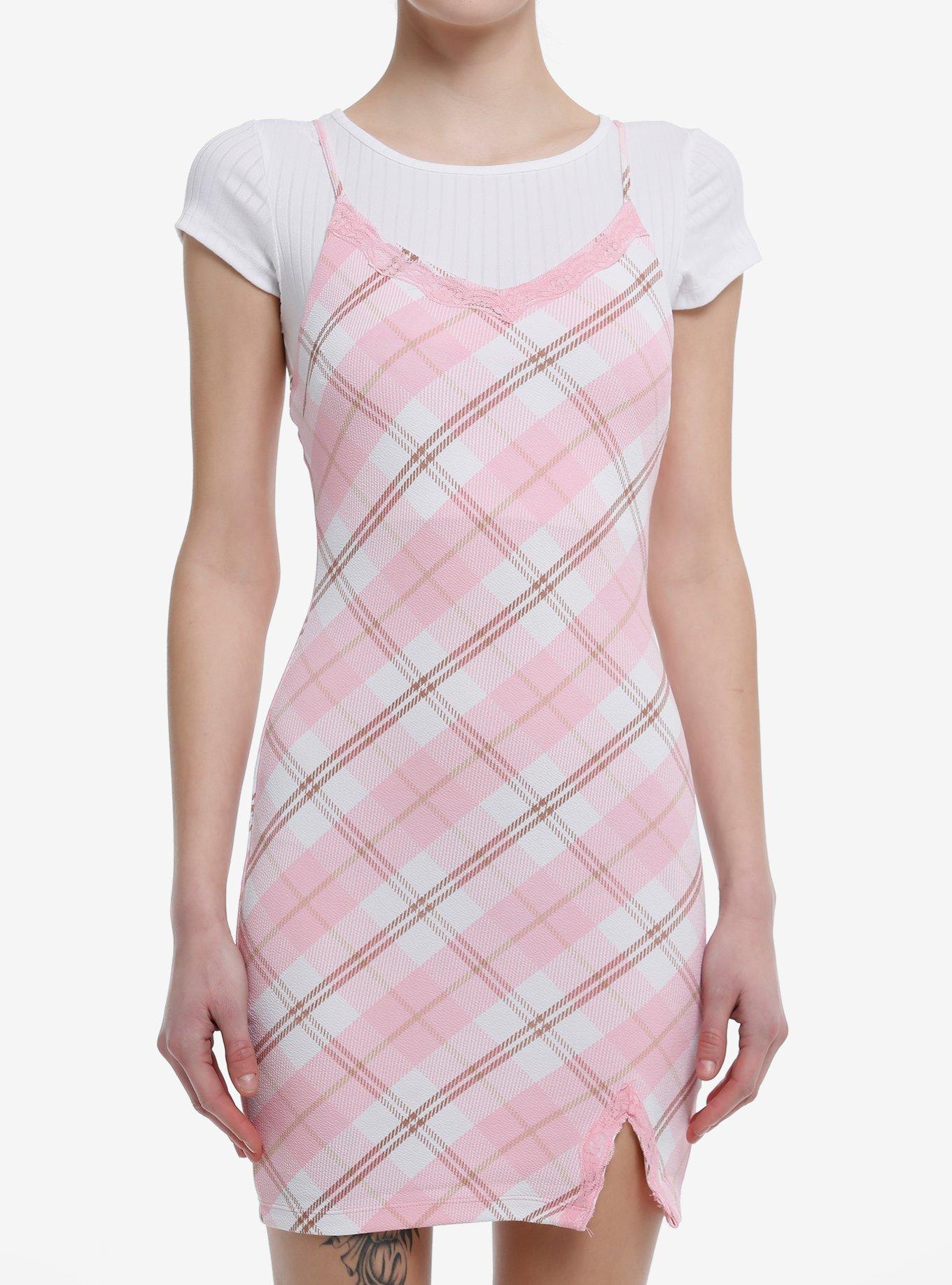 pink plaid bodycon dress Twofer Plaid mini dress