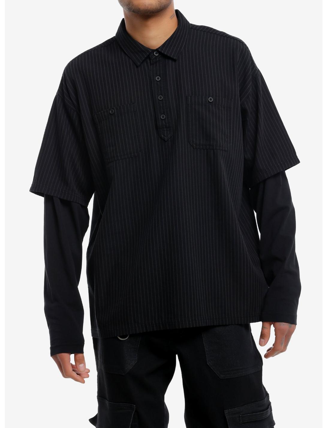 Social Collision® Black & Grey Stripe Oversized Long-Sleeve Twofer, GREY, hi-res