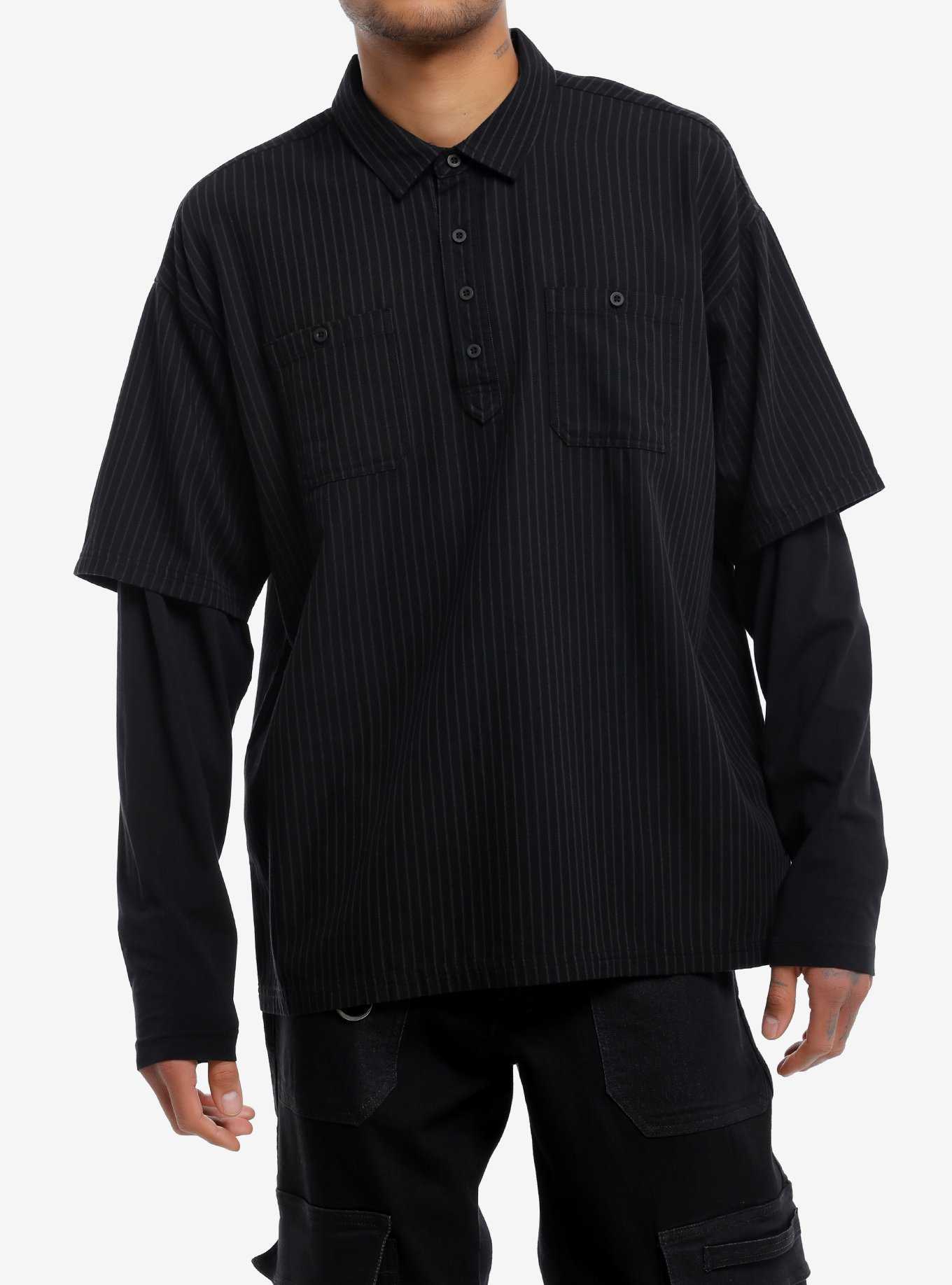 Social Collision® Black & Grey Stripe Oversized Long-Sleeve Twofer, , hi-res