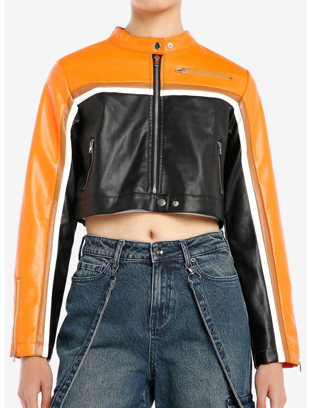 Black Orange & Brown Stripe Faux Leather Girls Crop Moto Jacket, BLACK, hi-res
