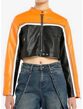 Black Orange & Brown Stripe Faux Leather Girls Crop Moto Jacket, , hi-res