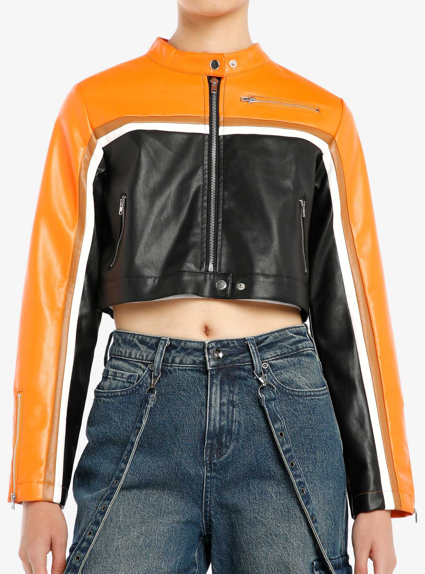 Black Orange & Brown Stripe Faux Leather Girls Crop Moto Jacket, , hi-res