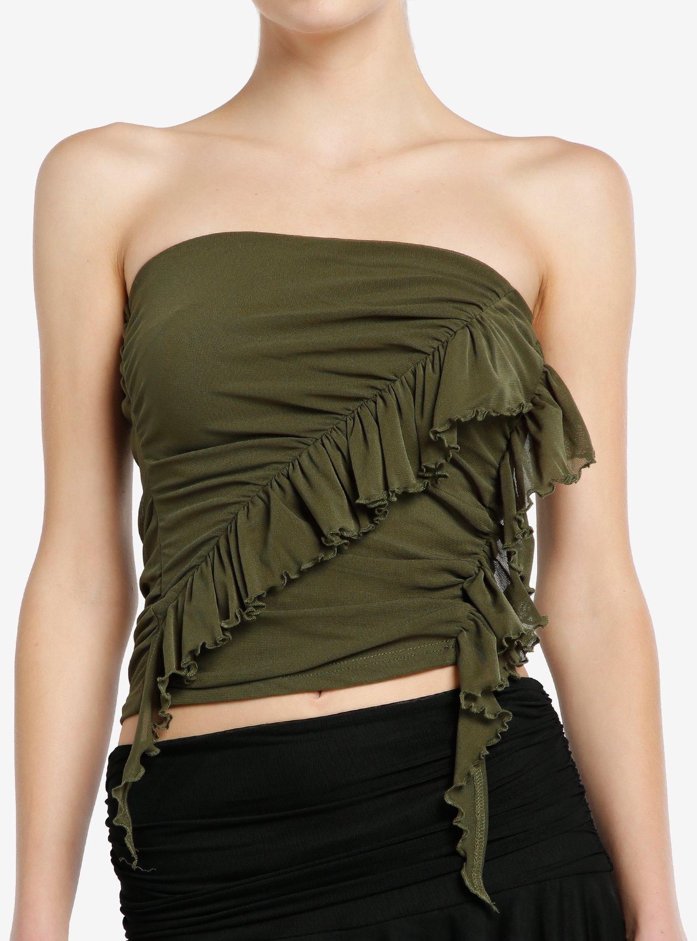 Olive Ruffle Asymmetrical Girls Tube Top, OLIVE, hi-res