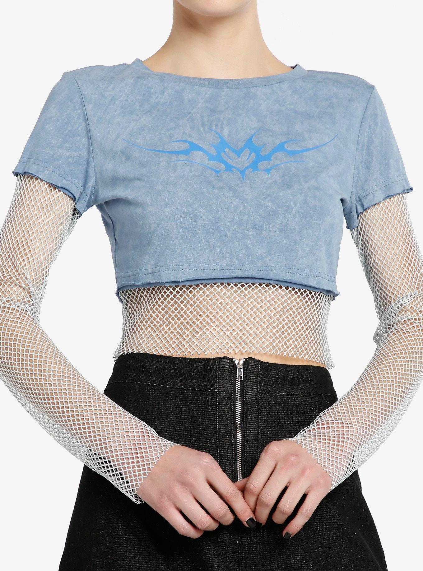 Light Blue Heart Mesh Girls Twofer Long-Sleeve Top, , hi-res