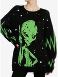 Black & Green Rude Alien Girls Oversized Sweater, GREEN, hi-res