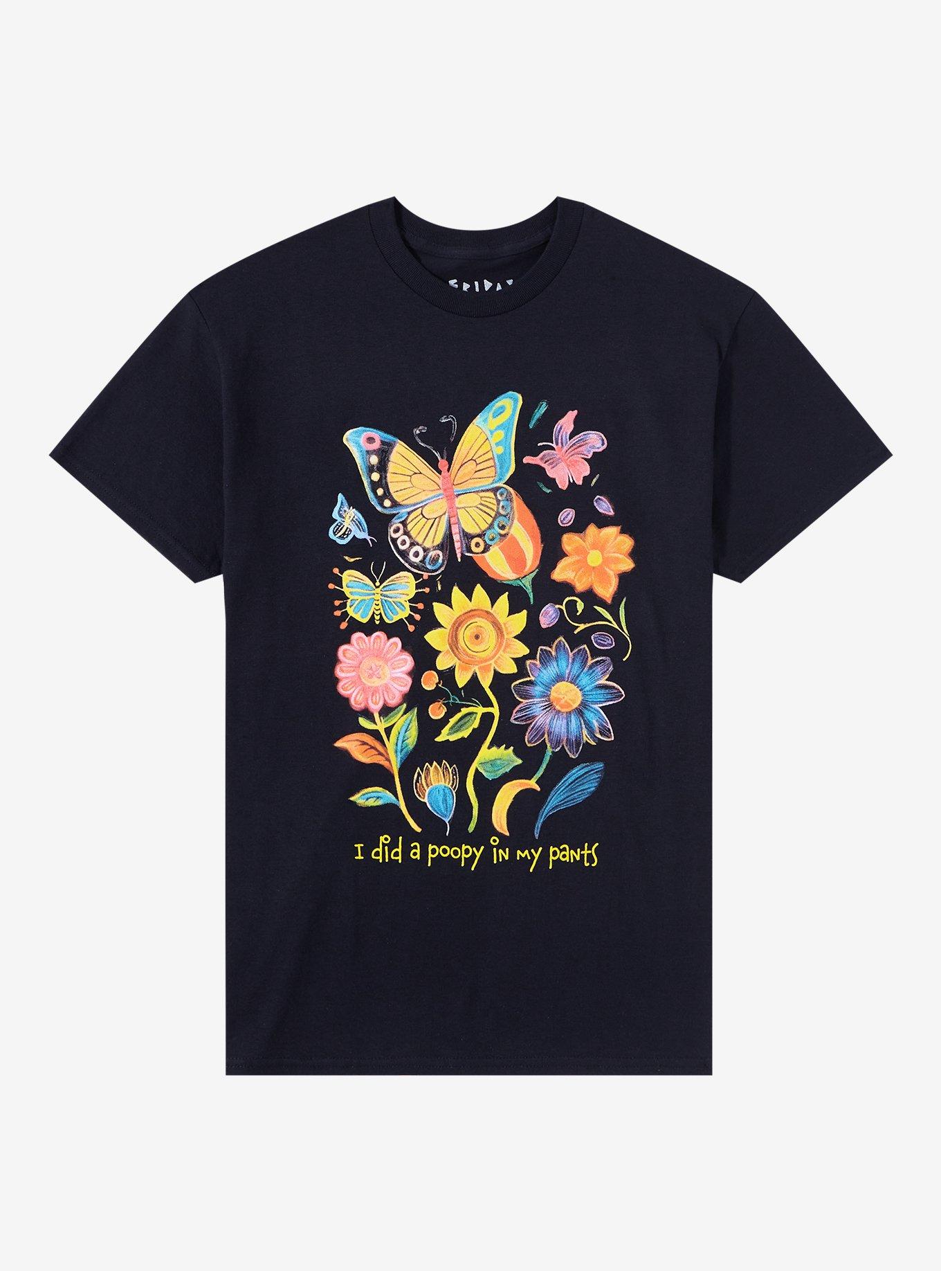 Flower Butterfly Poop T-Shirt By Friday Jr, BLACK, hi-res