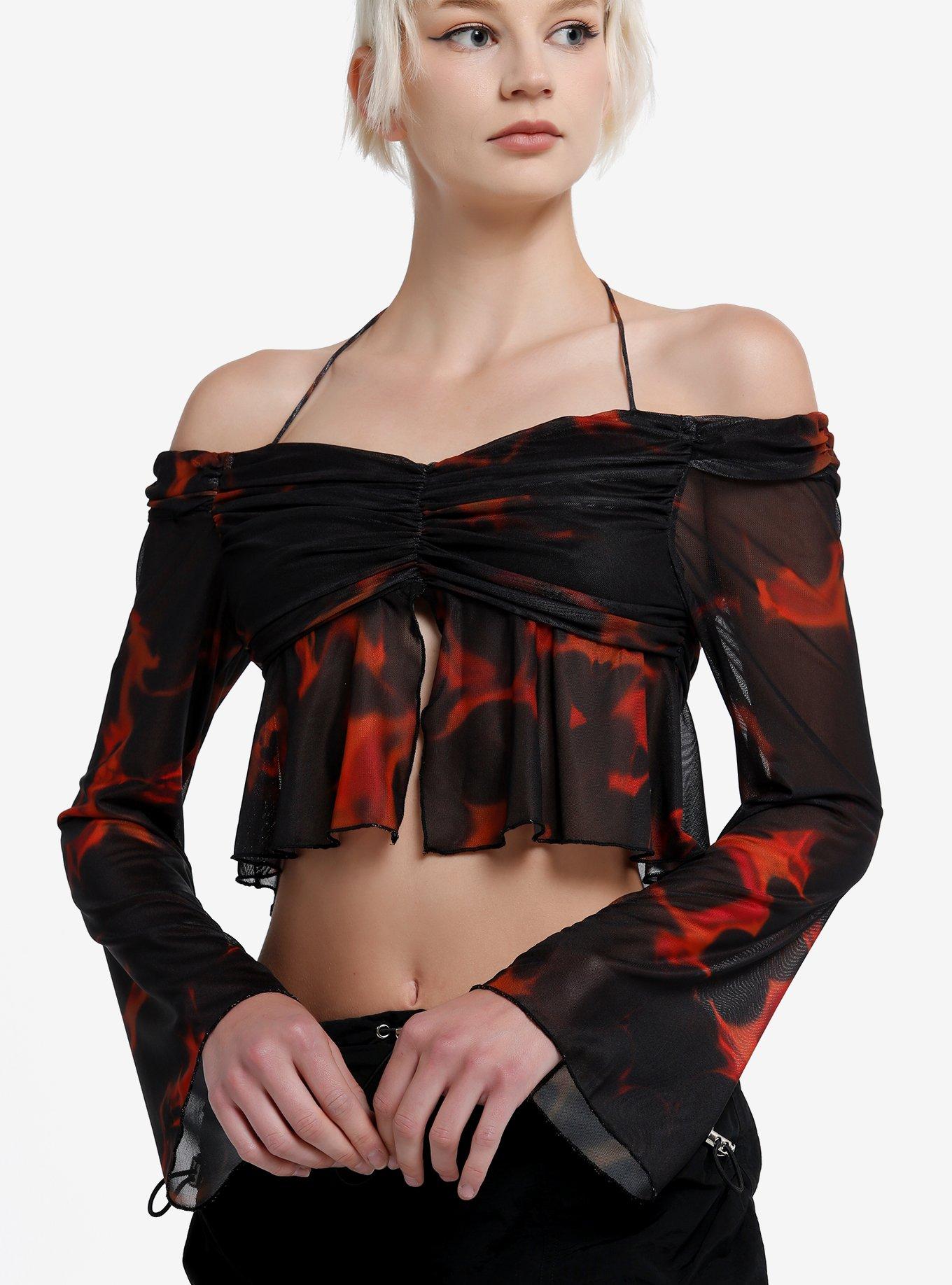 Black & Orange Halter Cold Shoulder Girls Long-Sleeve Crop Top, , hi-res