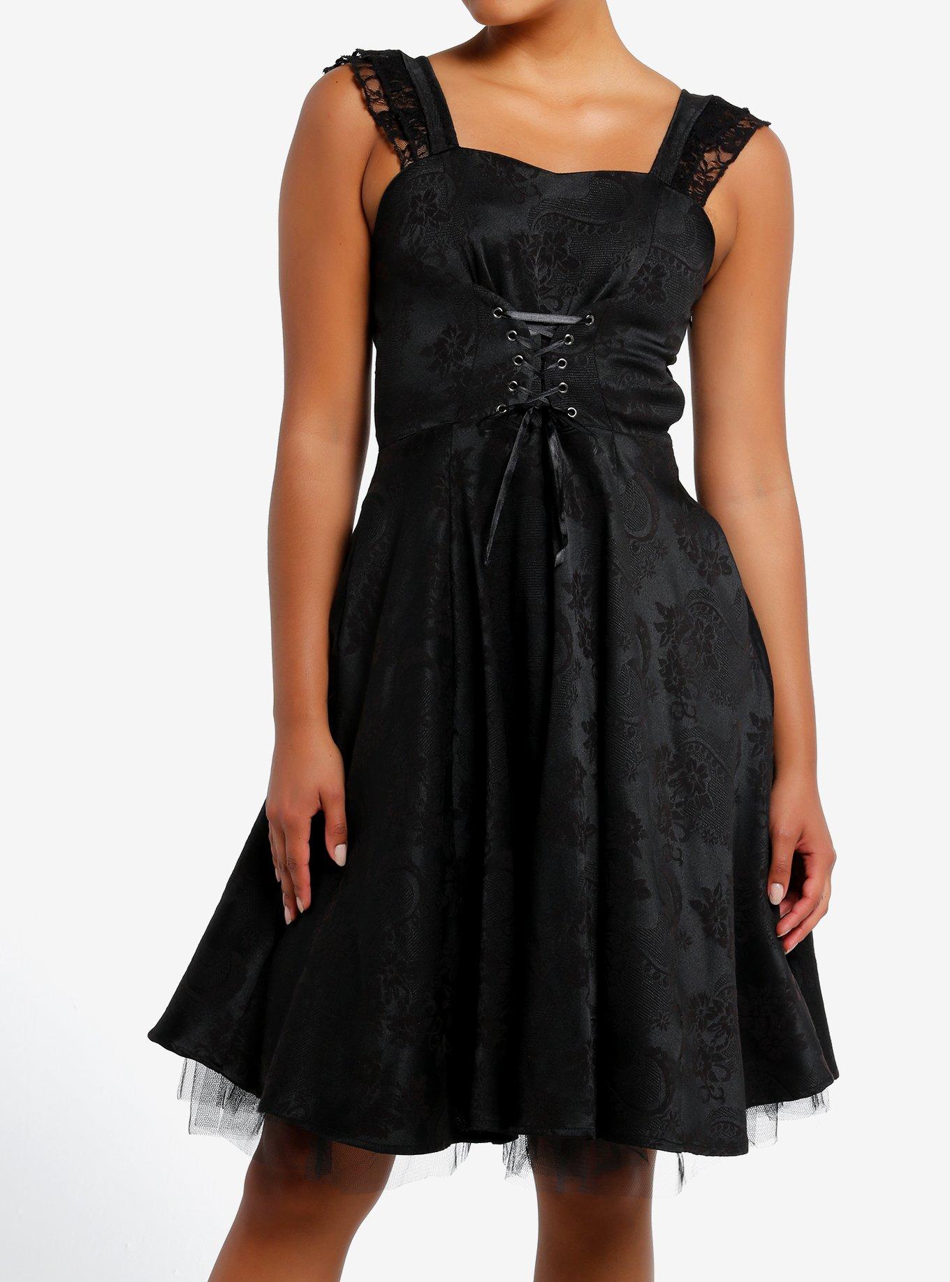 Black Brocade Corset Ruffle Midi Dress, BLACK, hi-res