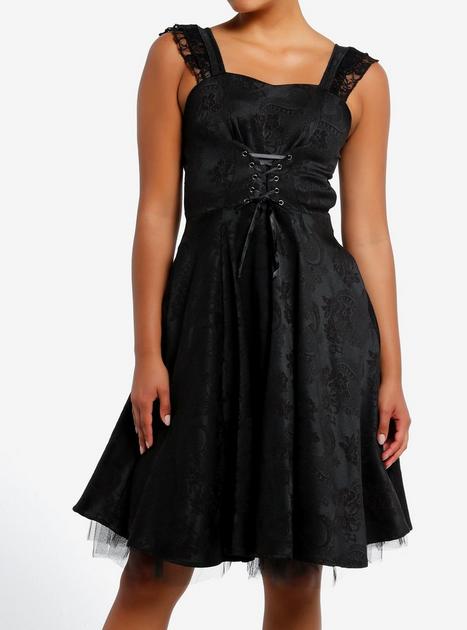 Black Brocade Corset Ruffle Midi Dress 