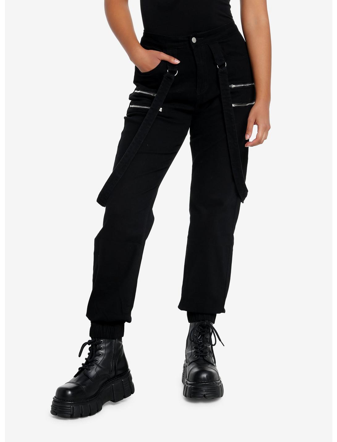 Black Denim Zipper Jogger Pants, BLACK, hi-res