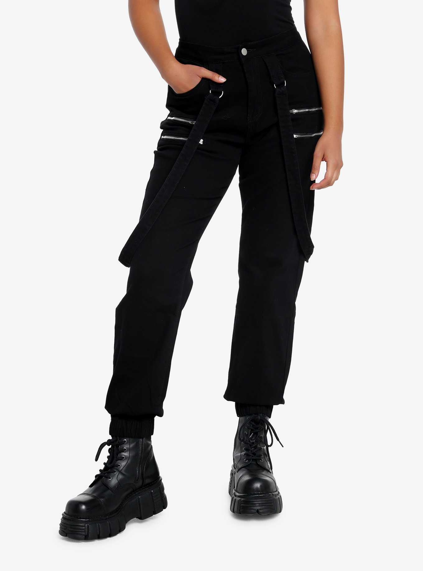 Black Denim Zipper Jogger Pants, , hi-res
