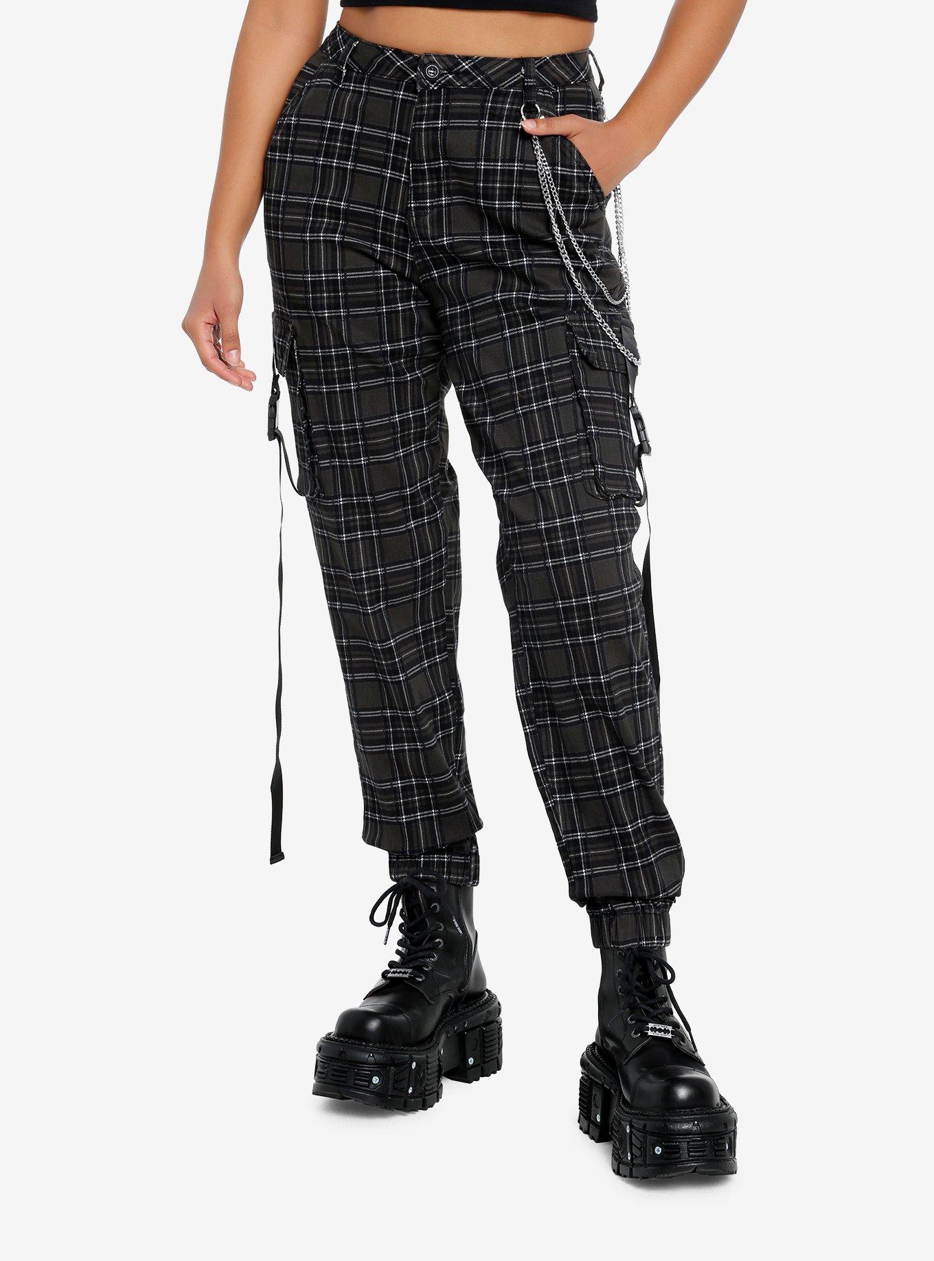 Black & Grey Plaid Split Cargo Jogger Pants