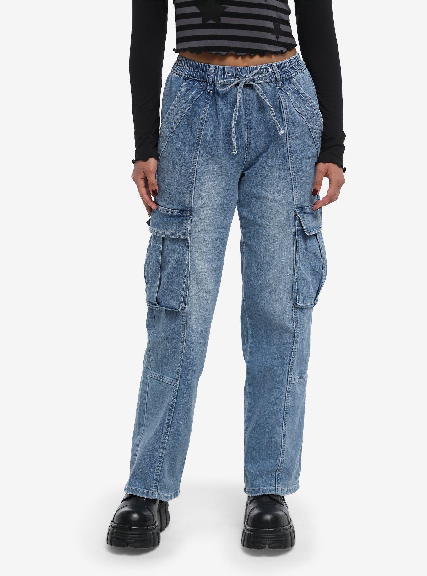Denim Drawstring Cargo Pants, , hi-res