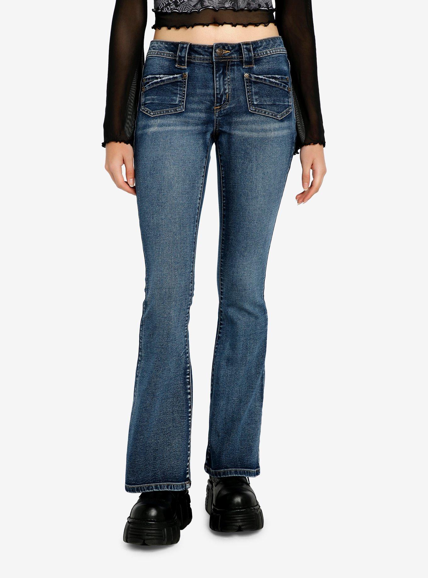 Washed Indigo Front Pocket Flare Jeans, , hi-res