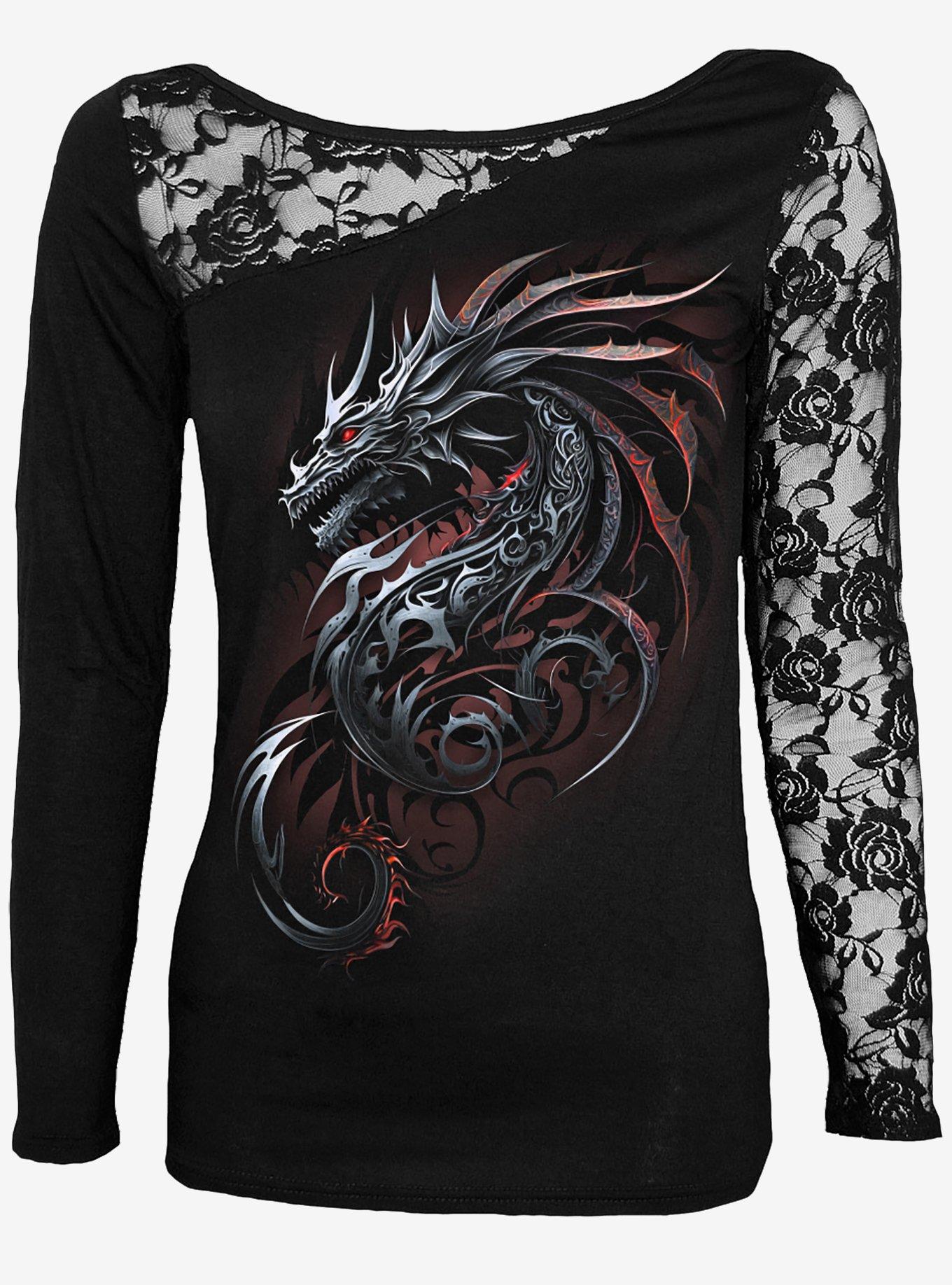 Spiral Dragon Shards Lace One Shoulder Top Black, BLACK, hi-res