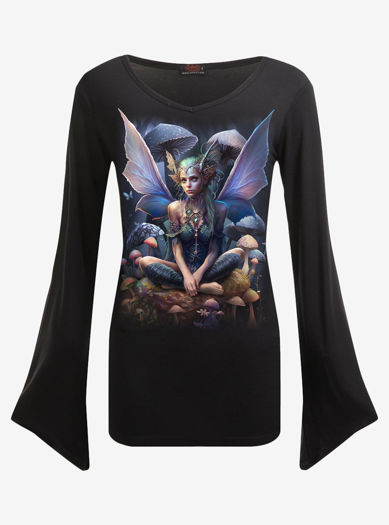 Spiral Magical V Neck Goth Sleeve Top Black, BLACK, hi-res