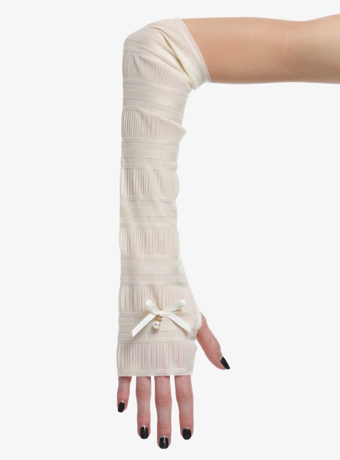 Ivory Shirred Pearl Bow Arm Warmers, , hi-res