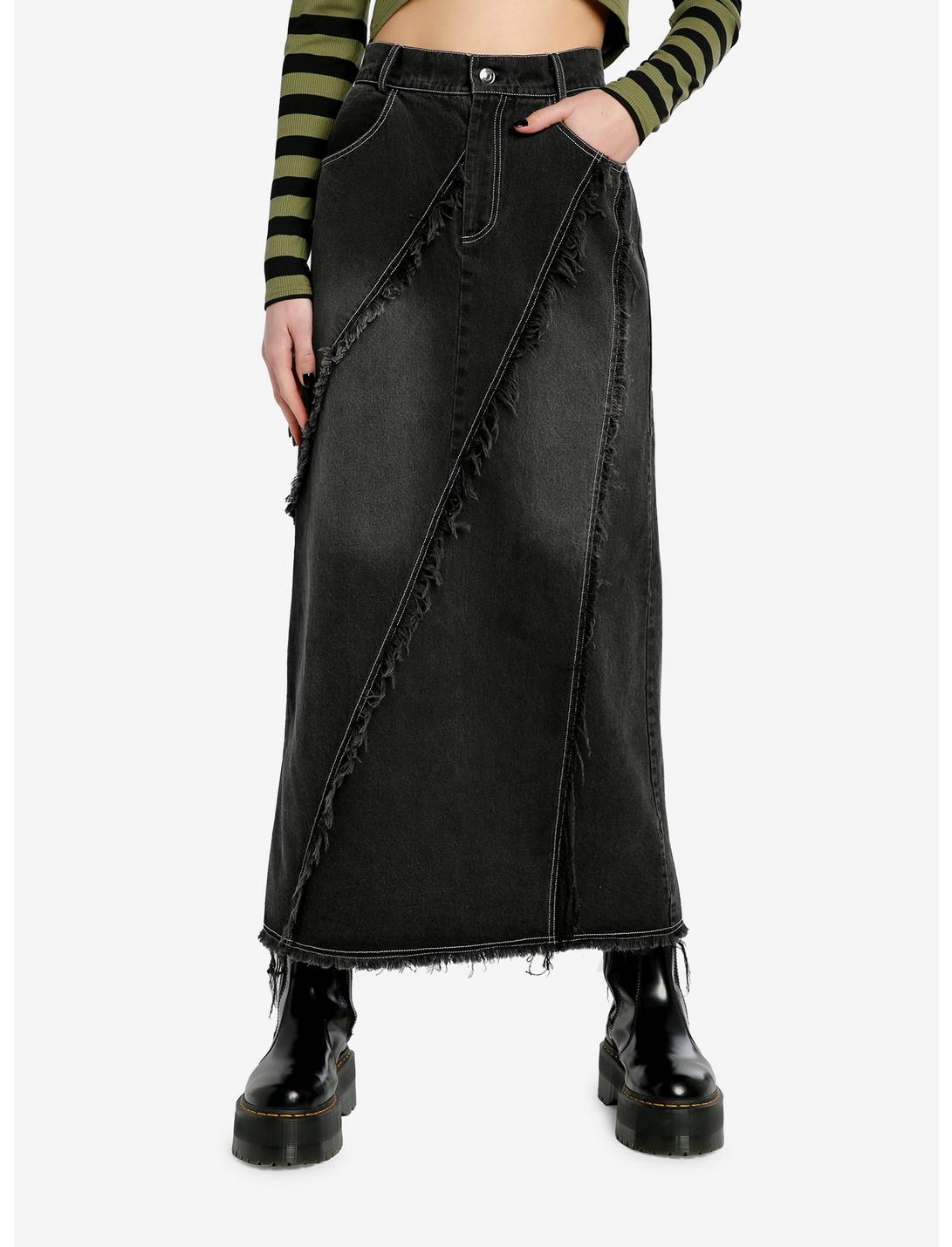 Black Denim Frayed Detail Midaxi Skirt, BLACK, hi-res