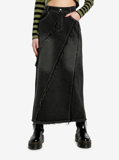 Black Denim Frayed Detail Midaxi Skirt | Hot Topic