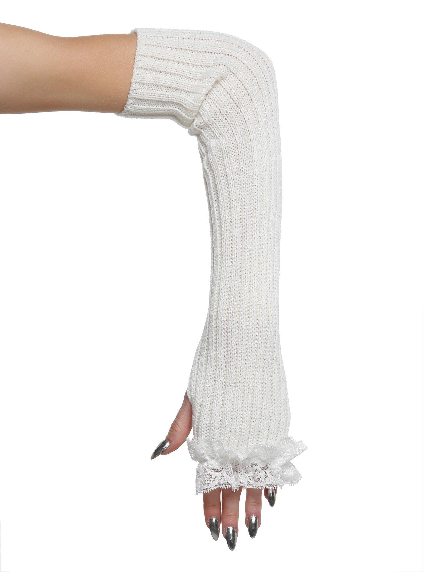 Ribbed Cream Lace Ribbon Arm Warmers, , hi-res