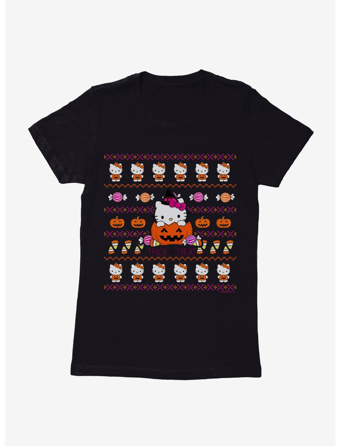 Hello Kitty Trick Or Treat Ugly Sweater Pattern Womens T-Shirt, BLACK, hi-res