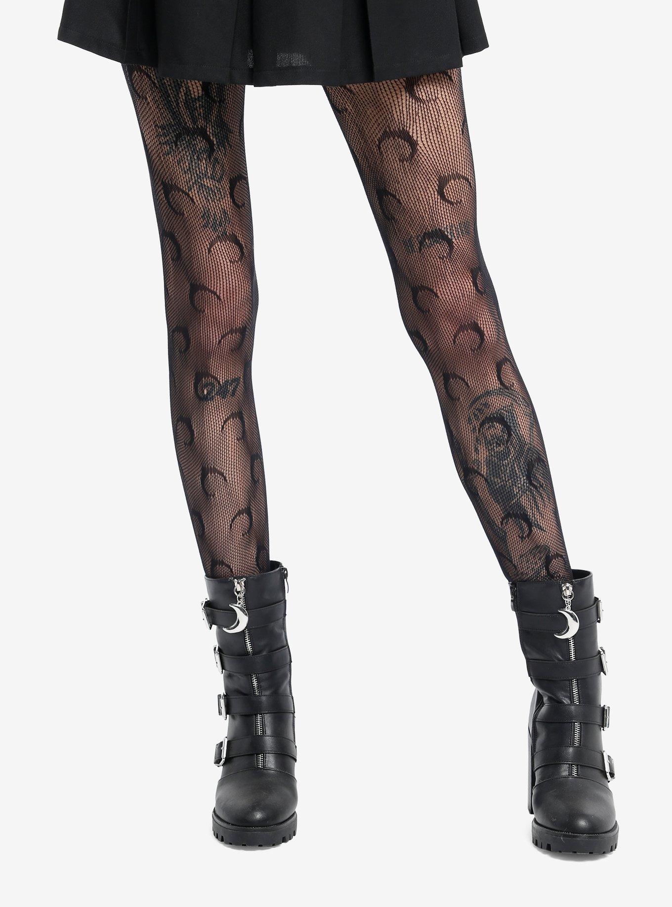 Black Crescent Moon Fishnet Tights, , hi-res
