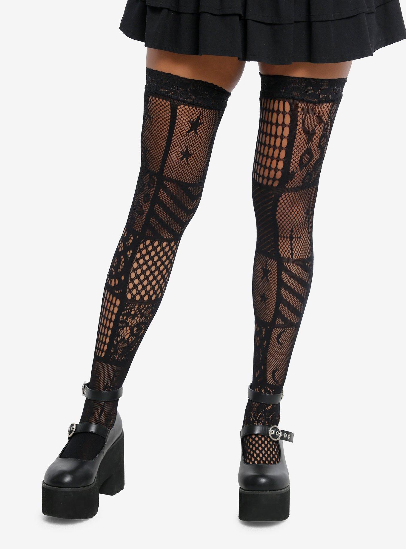 Black Patchwork Fishnet Thigh Highs, , hi-res