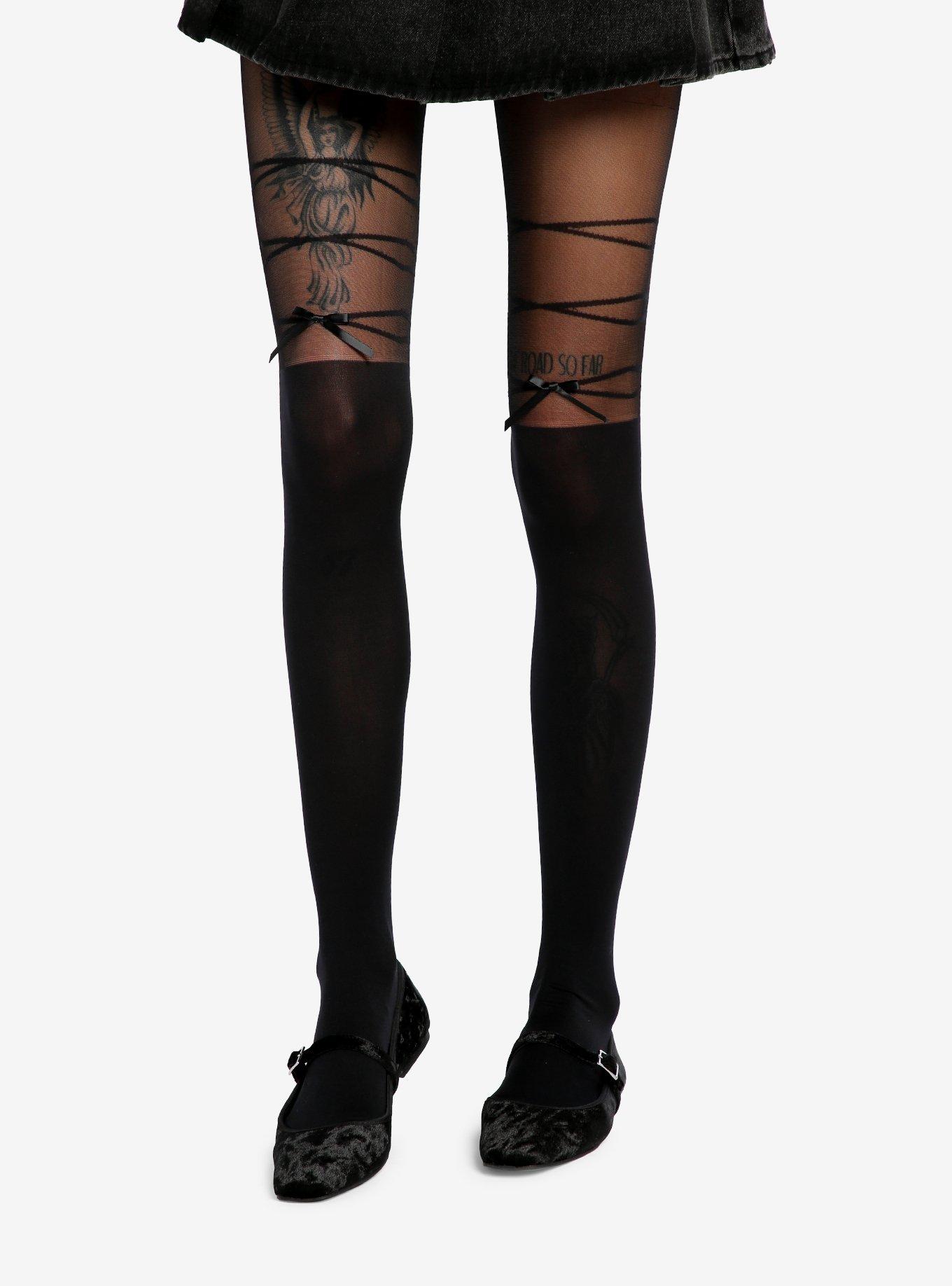 Black Lace-Up Ribbon Tights, , hi-res