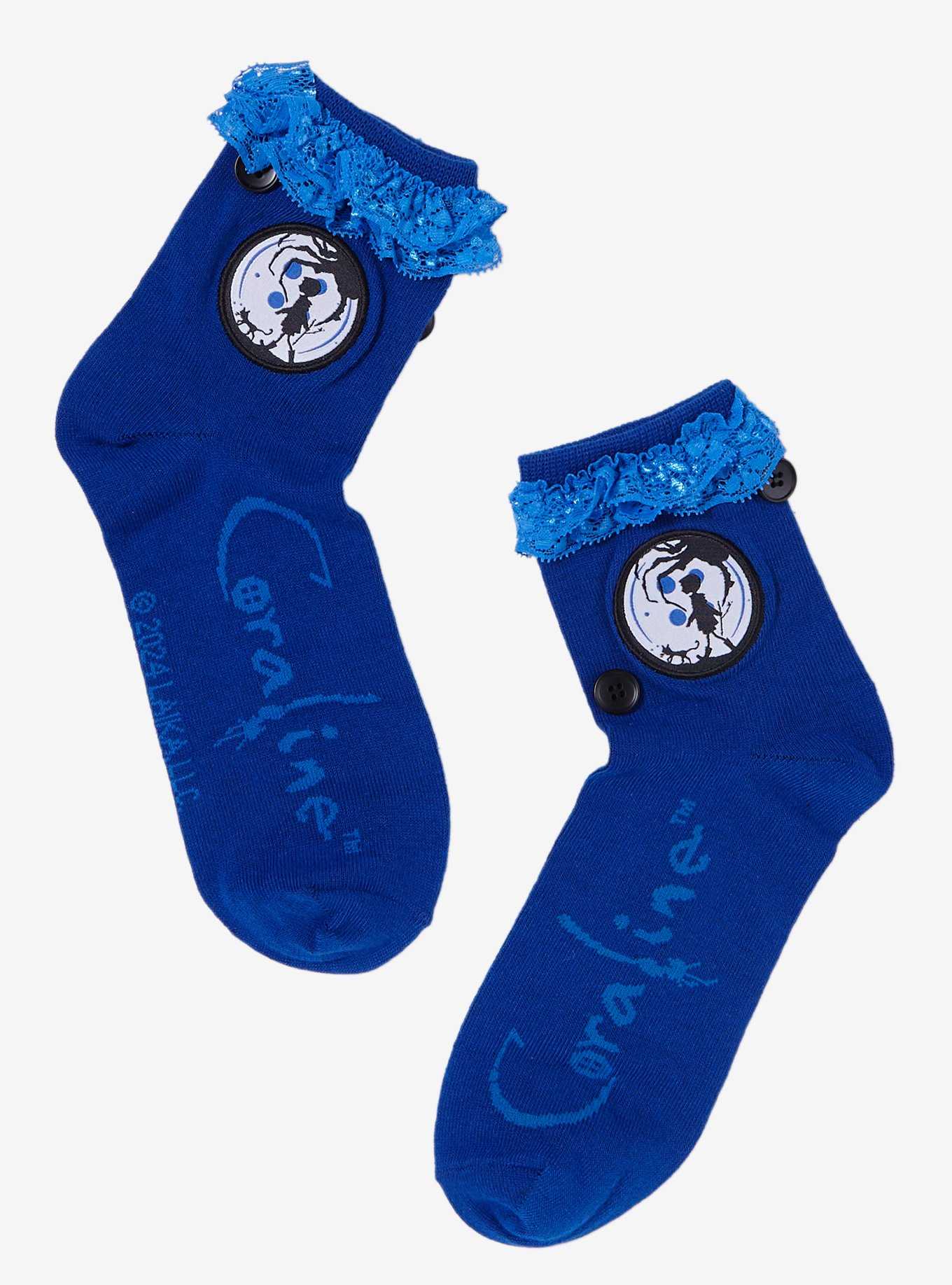Coraline Button Blue Lace Ankle Socks, , hi-res