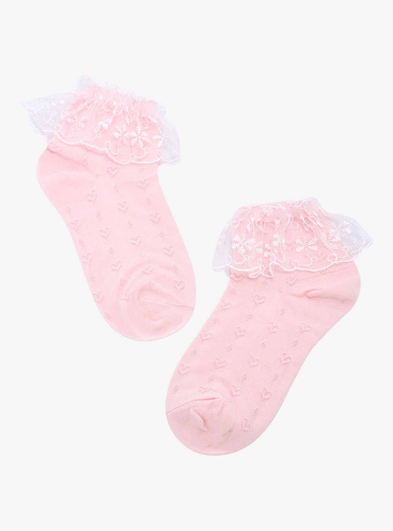 Pink Heart Pointelle Lace Ruffle Ankle Socks, , hi-res