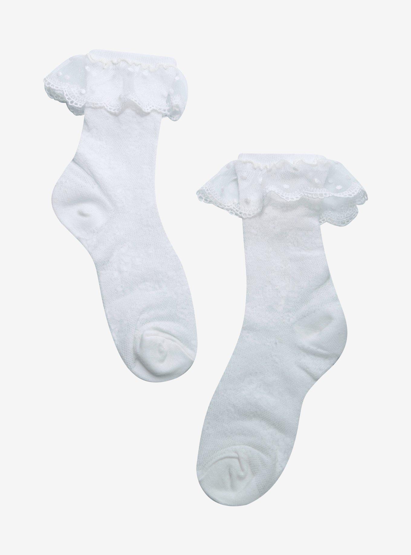 White Lace Panel Crew Socks, , hi-res