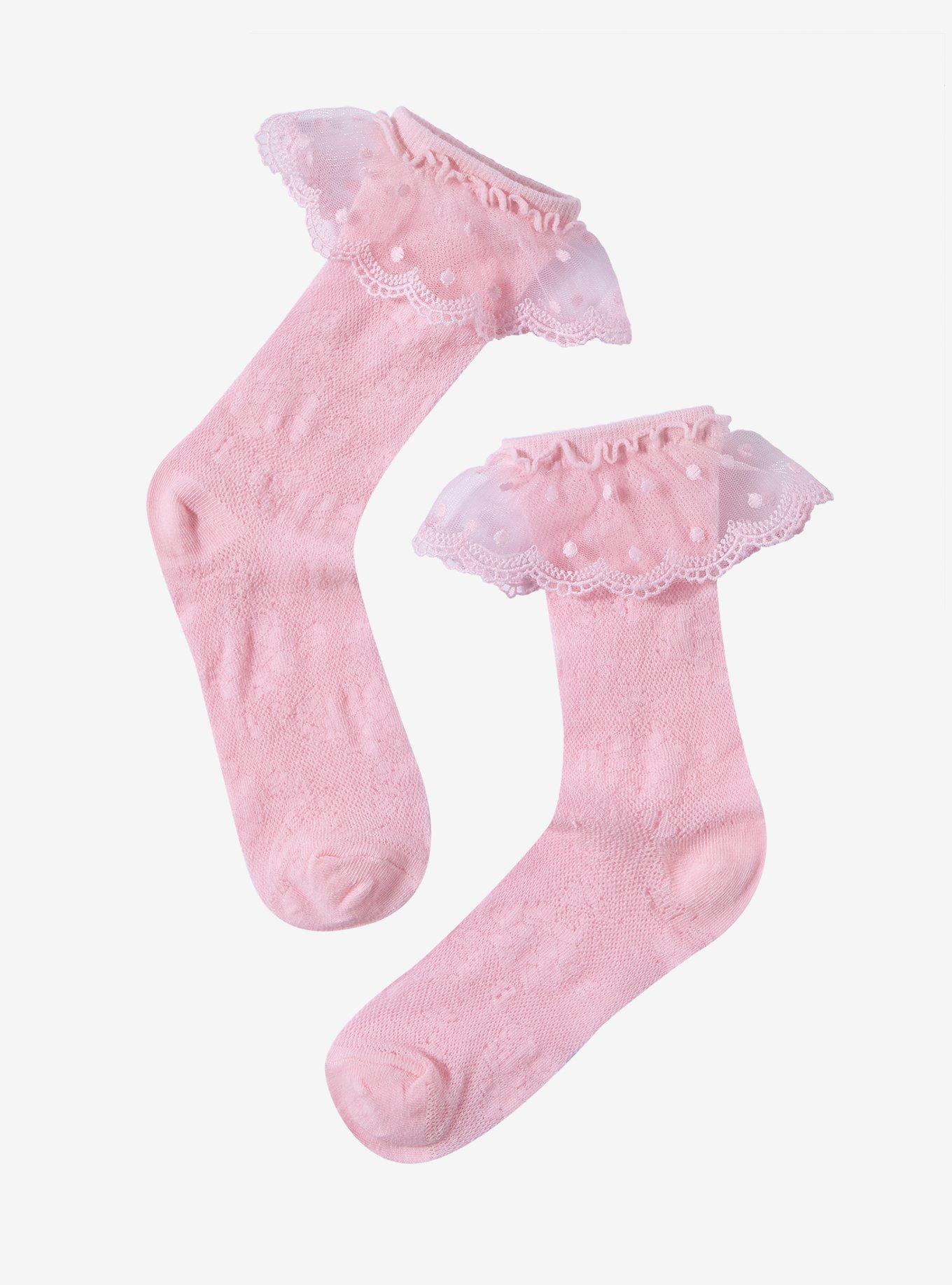 Pink Lace Ruffle Crew Socks, , hi-res