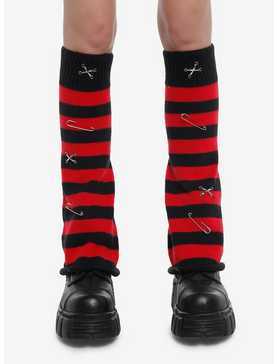 Black & Red Stripe Safety Pin Flared Leg Warmers, , hi-res