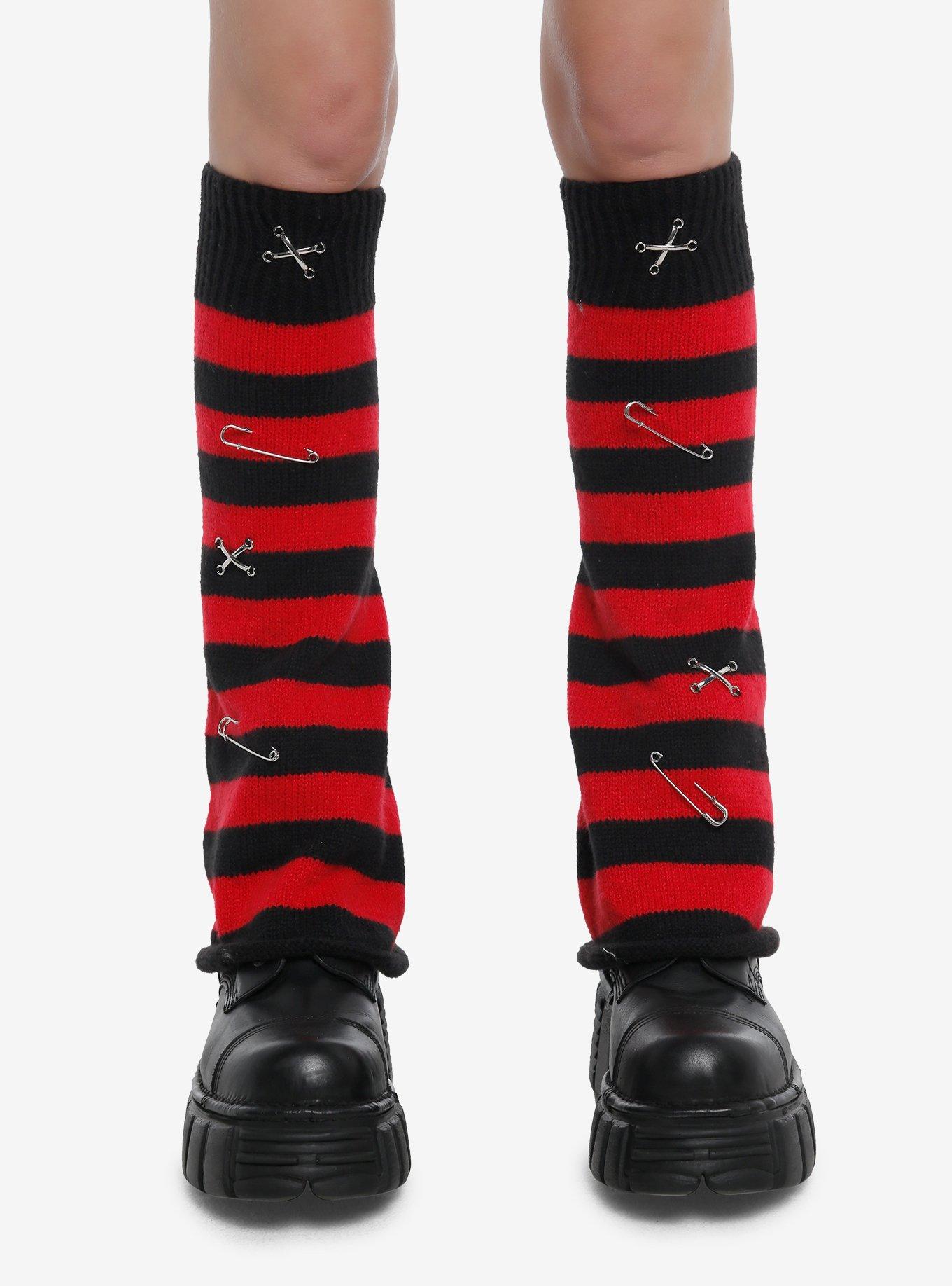 Black & Red Stripe Safety Pin Flared Leg Warmers, , hi-res