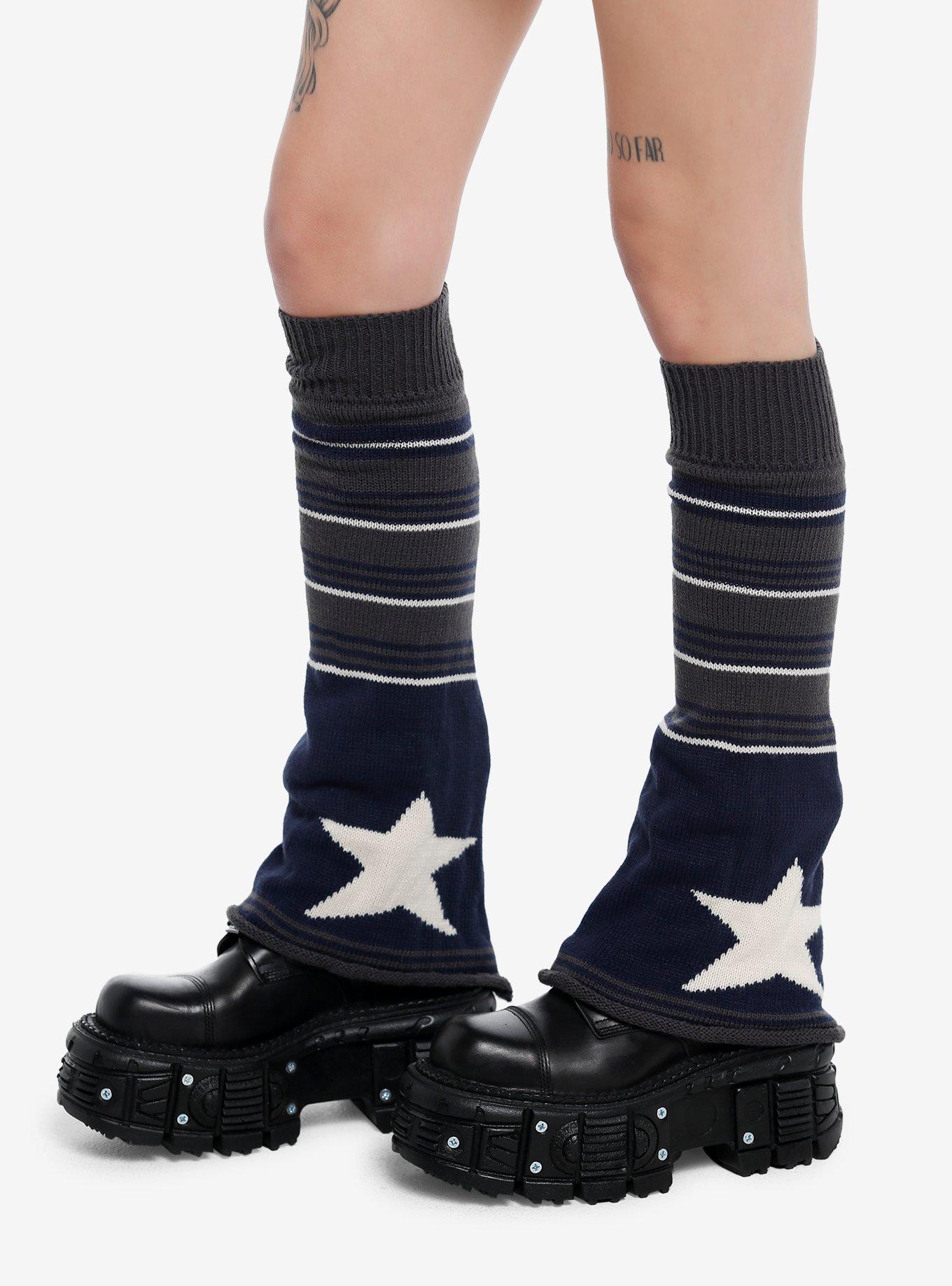 Navy Blue & Grey Stripe Star Leg Warmers