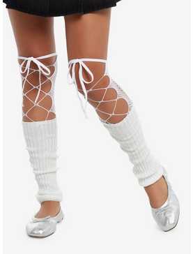 White Ribbed & Lace-Up Leg Warmers, , hi-res