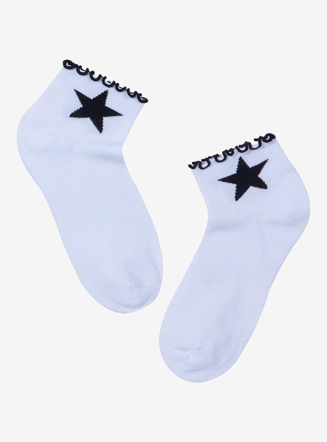 Black & White Star Lettuce Trim Ankle Socks